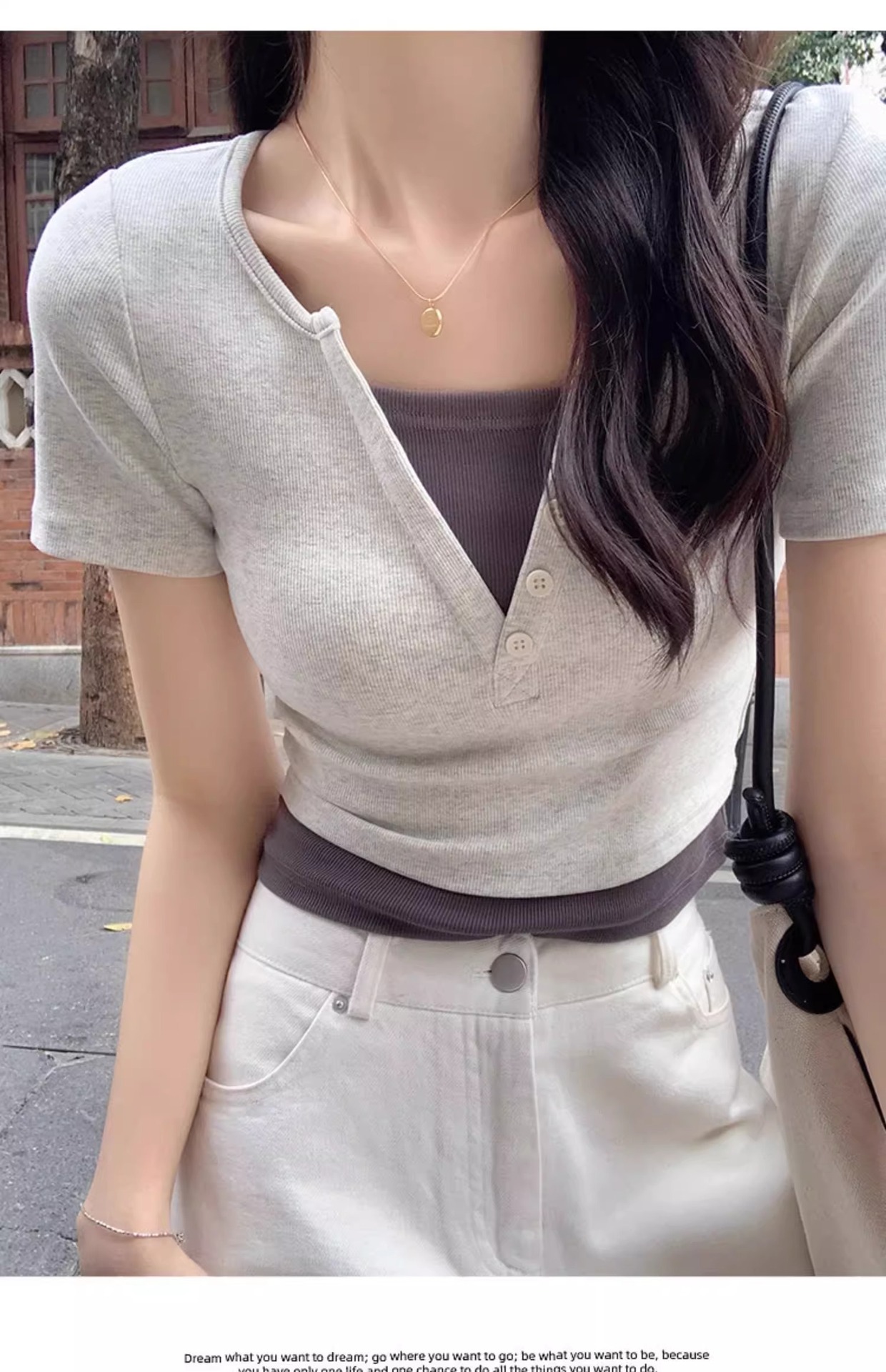 Pink V-neck off-the-shoulder T-shirt for women, short sleeve, new spring and summer style, two-piece design, slim and short, pure and sensual pic 48