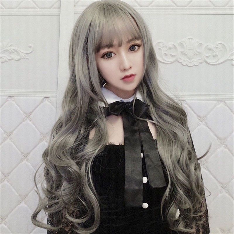 Fabricante en stock europa y Estados Unidos moda transfronteriza peluca mujer largo cabello rizado aire franja abuela gris amazon nuevos productos headset pic 8