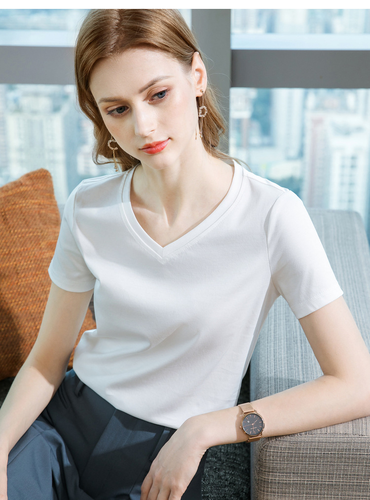 冰感丝光棉短袖t恤女2024新款女装气质v领纯棉体恤纯色高级感上衣详情18