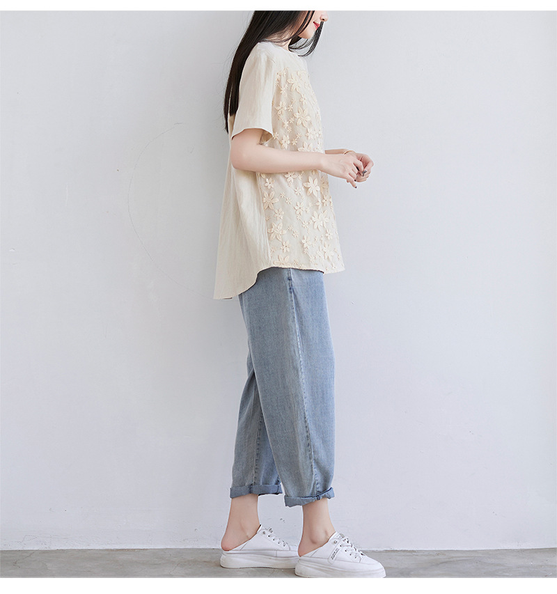 2022夏季新款速卖通欧美女装蕾丝刺绣短袖衬衫宽松女士上衣T恤详情33