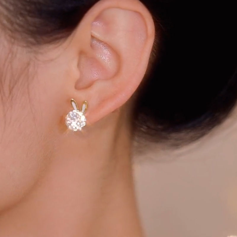 可旋转金色满钻兔子耳钉耳环女生肖兔可爱小动物网红百搭耳饰批发详情1