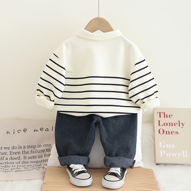 Niño niño guardarropa niño primavera otoño 2025 niño niño rayas polo manga larga jeans traje de moda fábrica pic 5