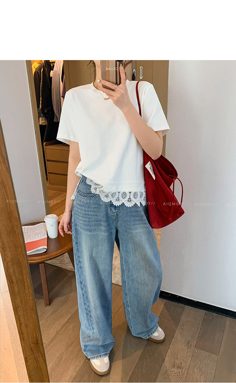 A new loose top for women in the summer of 2025, featuring a white round-neck short-sleeved lace trim patchwork T-shirt pic 6
