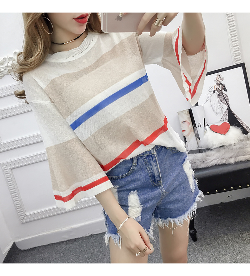 Korean-style striped thin cut-out see-through knitted sweater for women, half-sleeved loose large-sized flared sleeve top pic 10