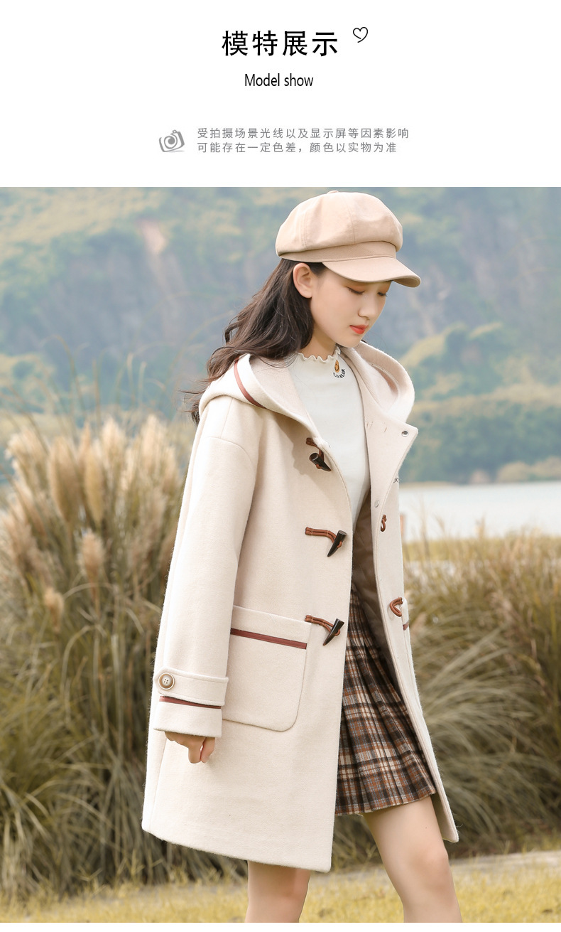 21516 College-style woolen coat 2021 Autumn/Winter new style for junior high school students, winter wear for girls with horn buttons and woolen fabric pic 6