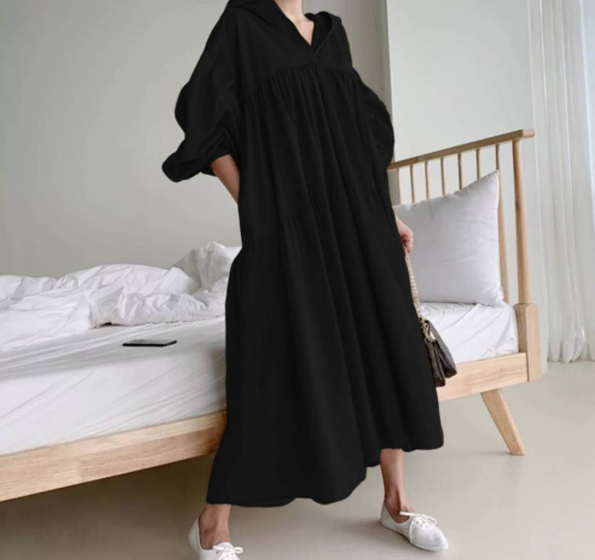跨境货源女装韩版新品chic连帽宽松长款连衣裙大码休闲衬衣长裙详情12