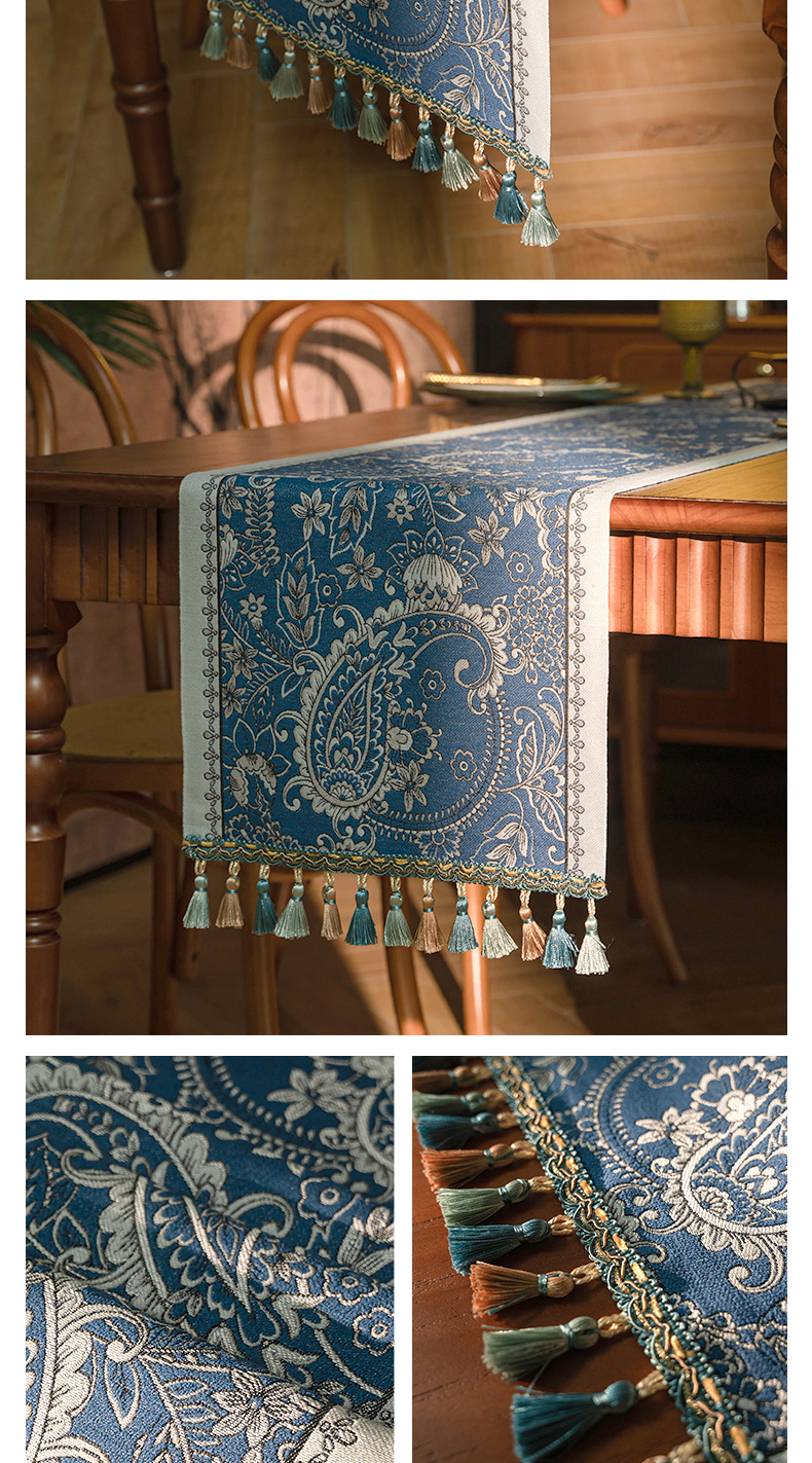 Cool Happiness American retro style, fashionable, simple, elegant and high-end, long tablecloth, colored jacquard, high-end, tassel, home coffee table, tea flag, high-end chest of drawers, table flag pic 32