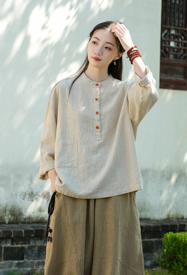 2024春夏棉麻女装新品亚麻立领拼色盘扣套头大码上衣女式棉麻衬衫详情13