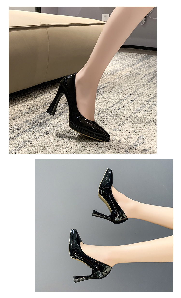 Pointed-toe nude high heels for women, 2023 new style, simple, fashionable and versatile, patent leather shallow toe square heel single shoe pic 8