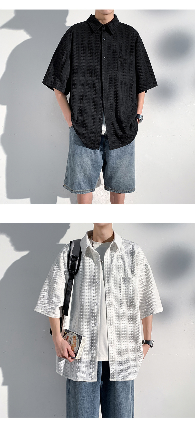 短袖衬衫男款夏季潮牌小众肌理感宽松痞帅高级感冷淡半袖衬衣外套详情9