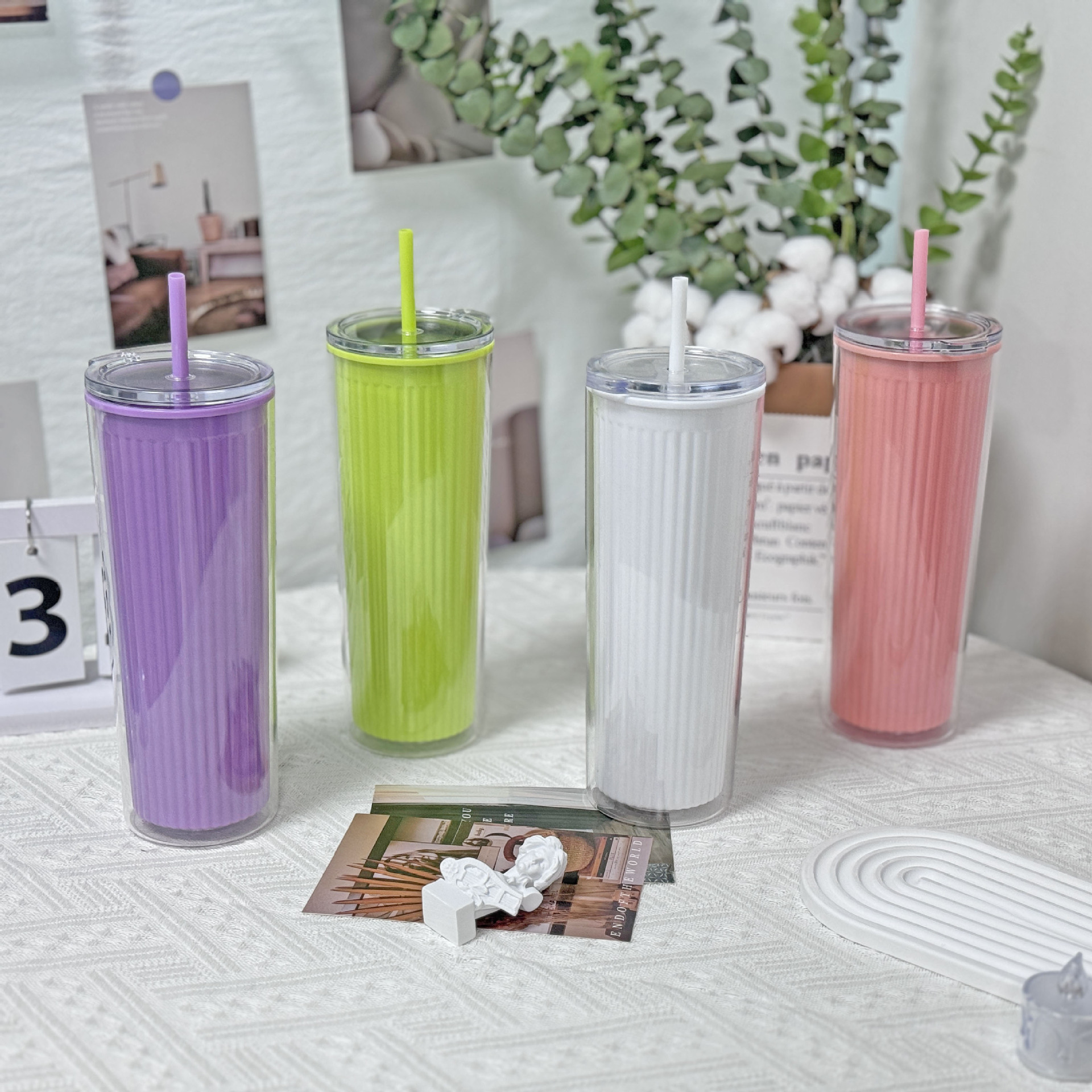 Wholesale of new summer internet-famous couple cups, plastic straw cups, and large-capacity plastic water cups for export with vertical patterns and straight bodies pic 11