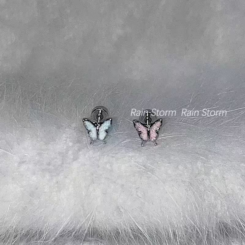 粉白蝴蝶韩版韩式平底耳骨钉钛钢拧螺丝耳蜗钉小众气质滴釉耳钉详情4