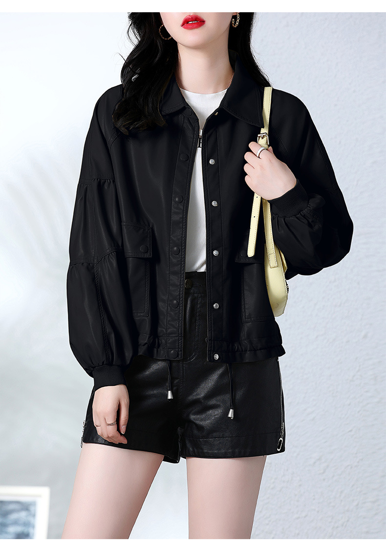 PU皮衣短款外套女纯色2022年新款复古机车小个子翻领休闲夹克详情31