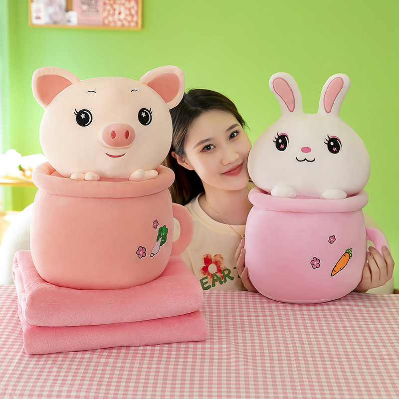 Cartoon rabbit, panda, cute piggy, milk tea cup, dual-purpose throw pillow blanket, two-in-one blanket, office midday rest pillow pic 3