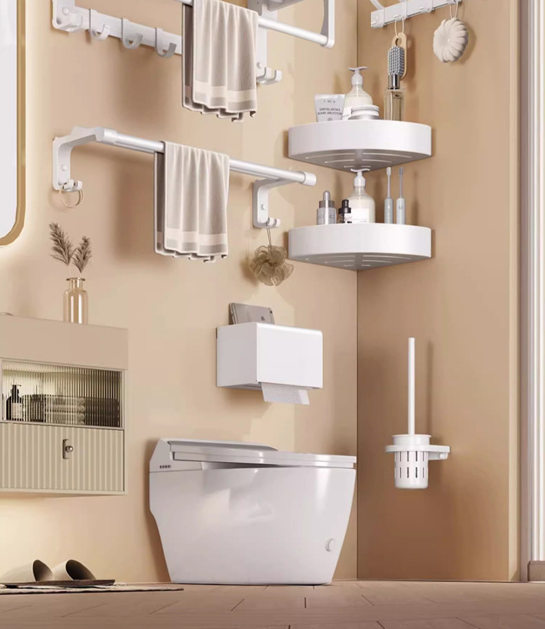 White bathroom towel rack without drilling, toilet bath towel rack, wall-mounted bathroom rack, storage rack, bathroom hanging rack pic 2