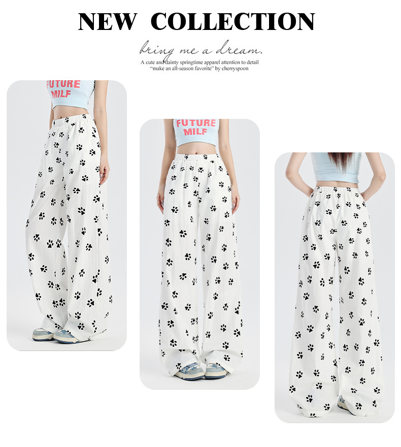 狗狗爪印花宽松阔腿山本裤女2024秋季新款松紧高腰垂感直筒休闲裤详情3