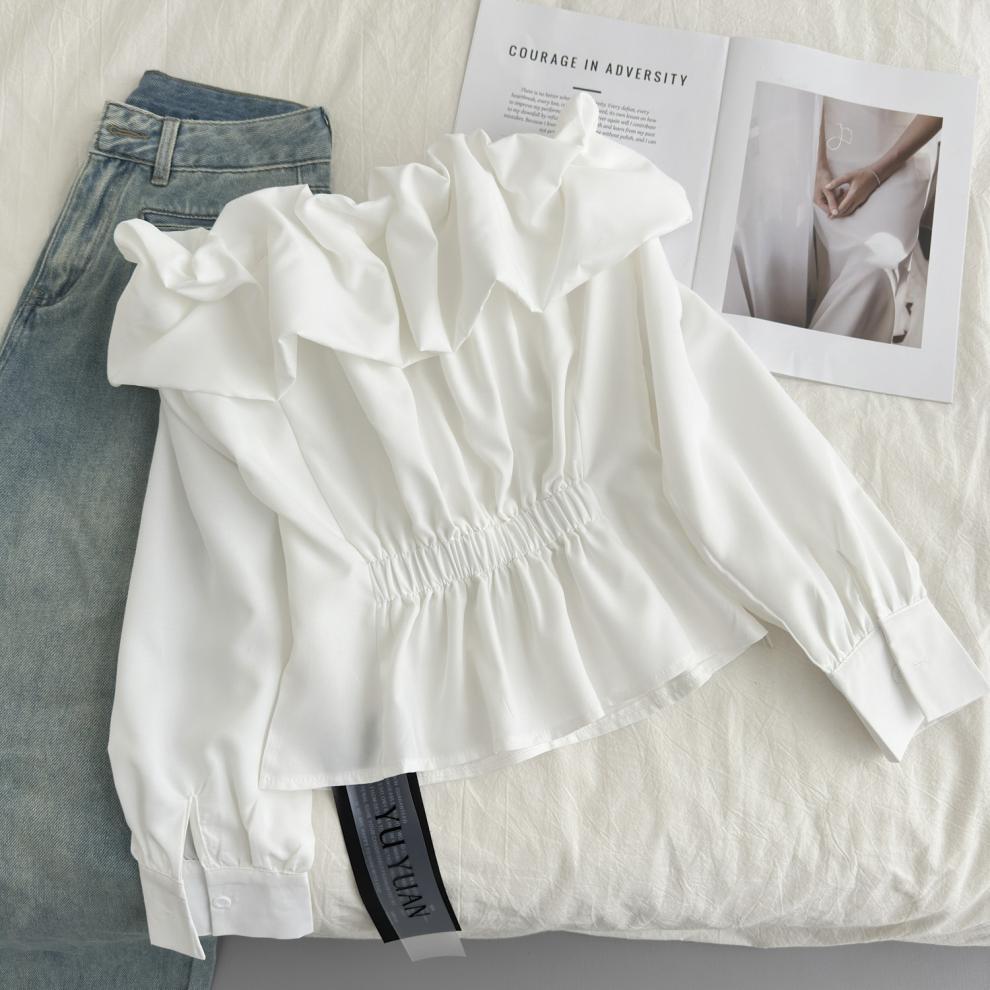 一见钟情 白色花苞领一字肩衬衫上衣女春秋季长袖衬衣详情18