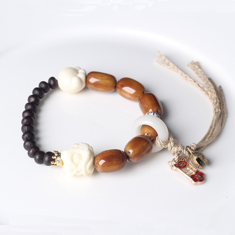 民族风白玉菩提跑环手串紫金鼠象牙果醒狮手链单圈文玩手饰品详情3