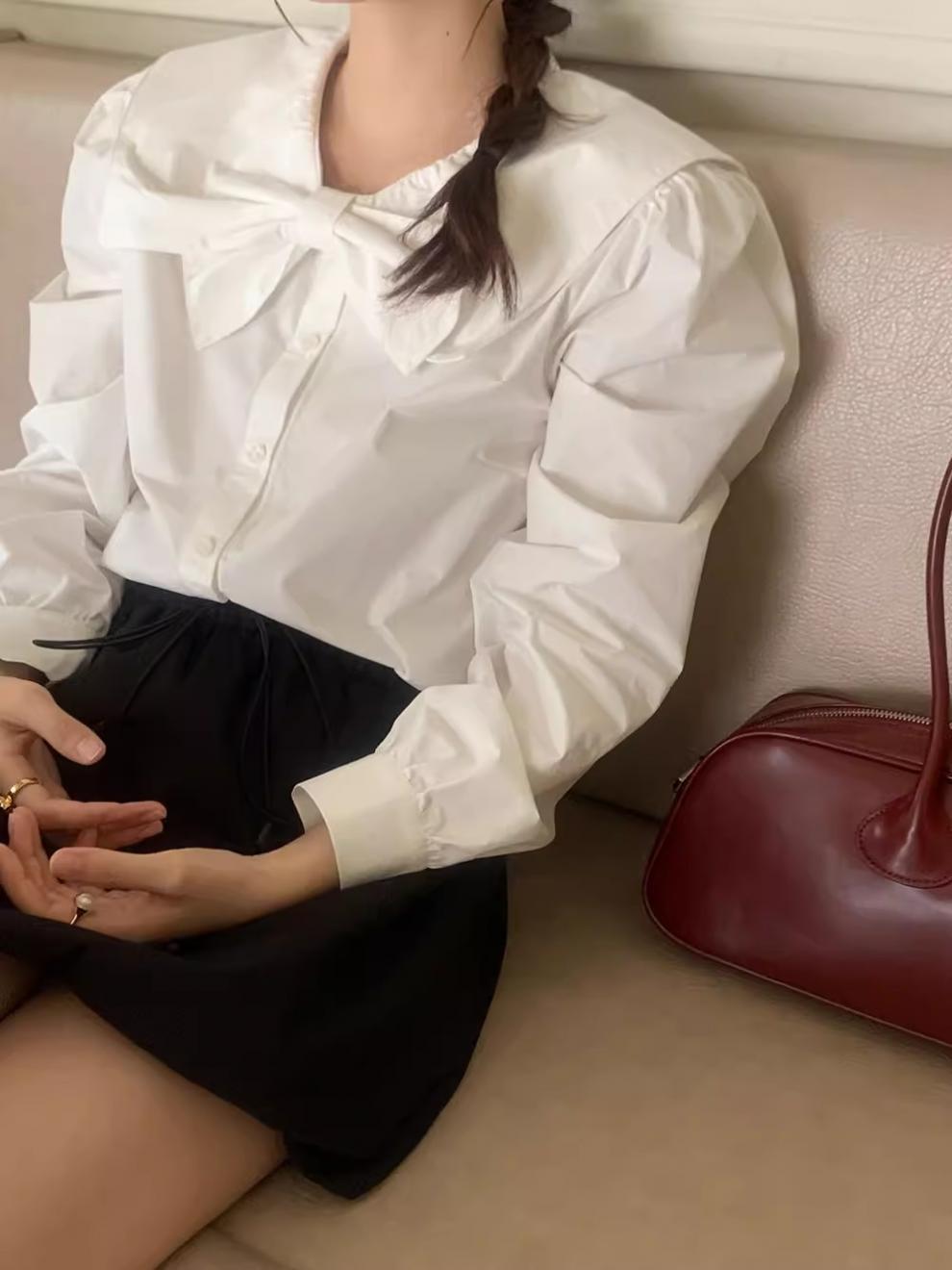 韩系设计感小众蝴蝶结娃娃领白色衬衫女2024春秋新款内搭别致上衣详情8