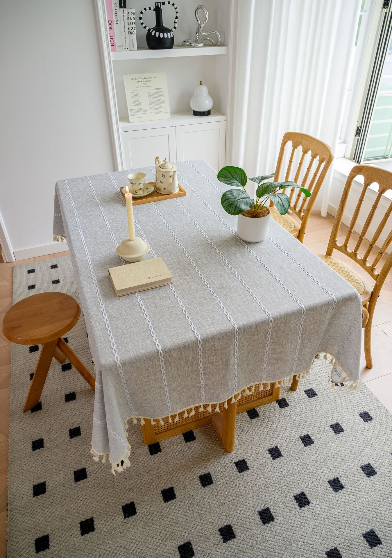 Cross-border three-dimensional embroidered striped tablecloth, popular black solid color, white cotton and linen tablecloth cover, fabric outdoor party pic 75