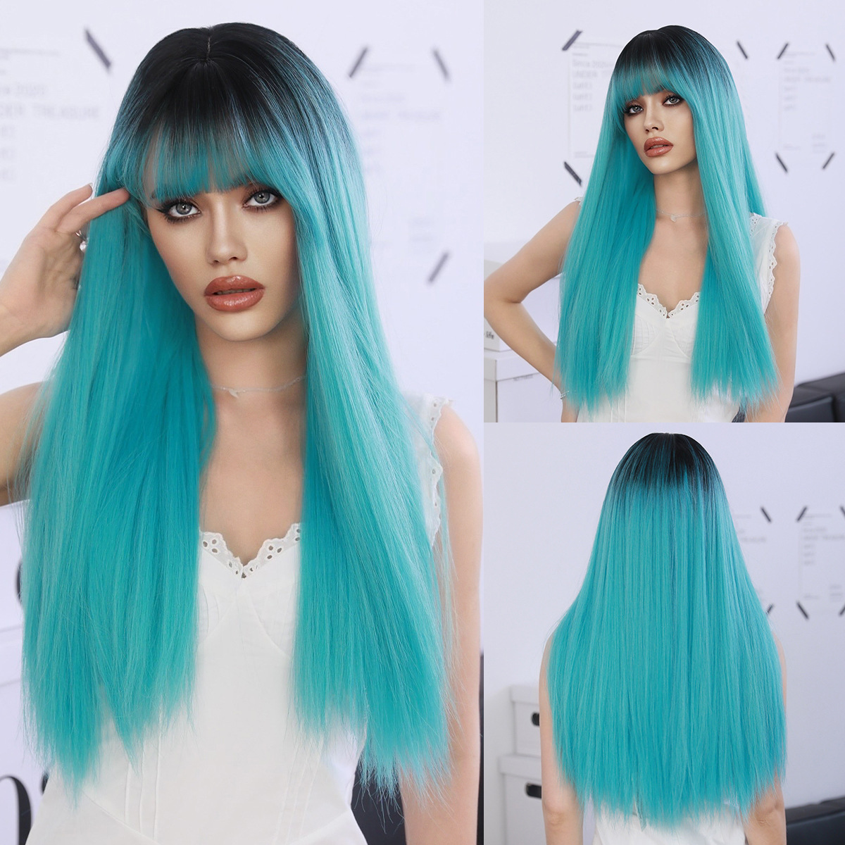 A cross-border Wig blogger on Xiaohongshu, a wig for women with long straight hair, highlights dyed beige lolita, and a full synthetic fiber wig pic 6
