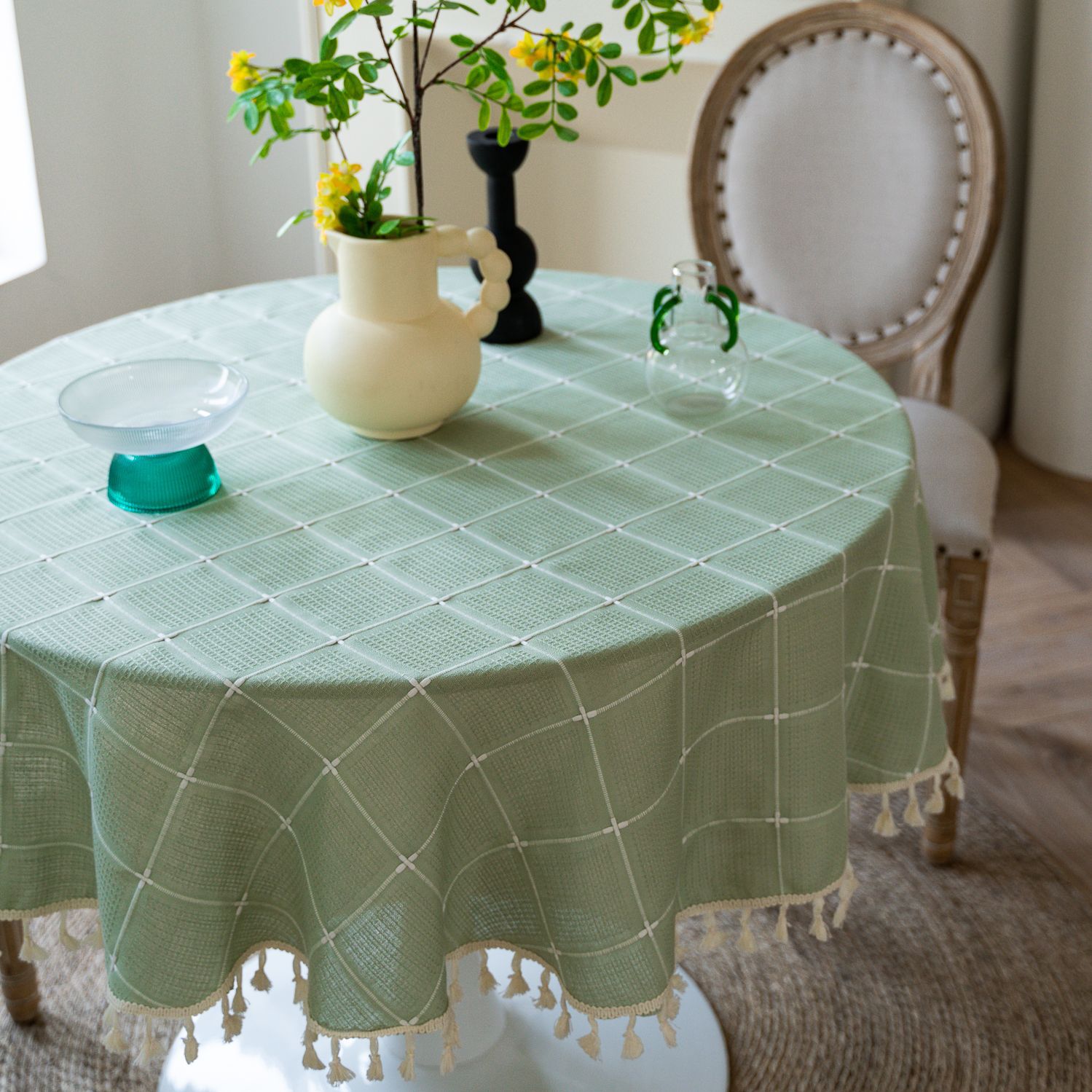 Cross-border TEMU Xiyin round table cloth, Japanese cream white tassel tablecloth, table cloth, cover cloth, Amazon factory wholesale pic 3