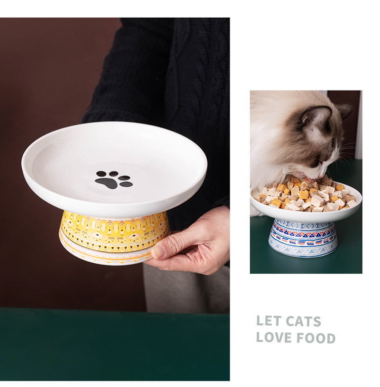 亚马逊陶瓷猫碗高脚护颈椎猫粮碗猫盆饮水碗宠物零食碗波西米亚风详情12