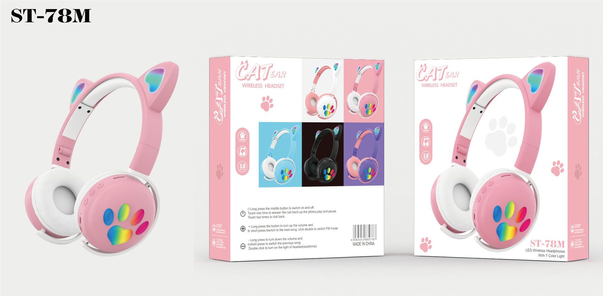 The original factory of the new cat ear over-ear wireless Bluetooth headphones ST78M cat paw LED fashionable neutral FM headset pic 1