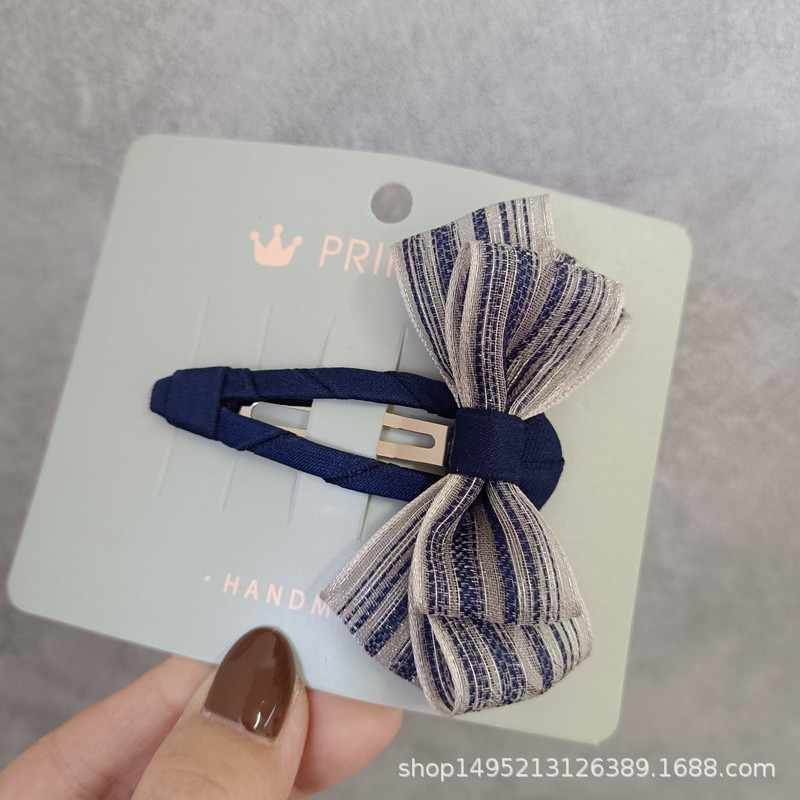 Korean-style sweet girl adult hairpin, navy blue striped silk gauze bow, BB clip, water drop clip, bangs clip pic 2
