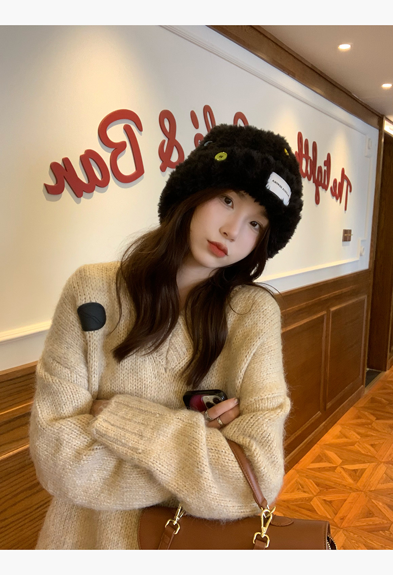 白鹿同款韩版纽扣仿皮草毛绒针织毛线帽女秋冬加厚保暖护耳渔夫帽详情18