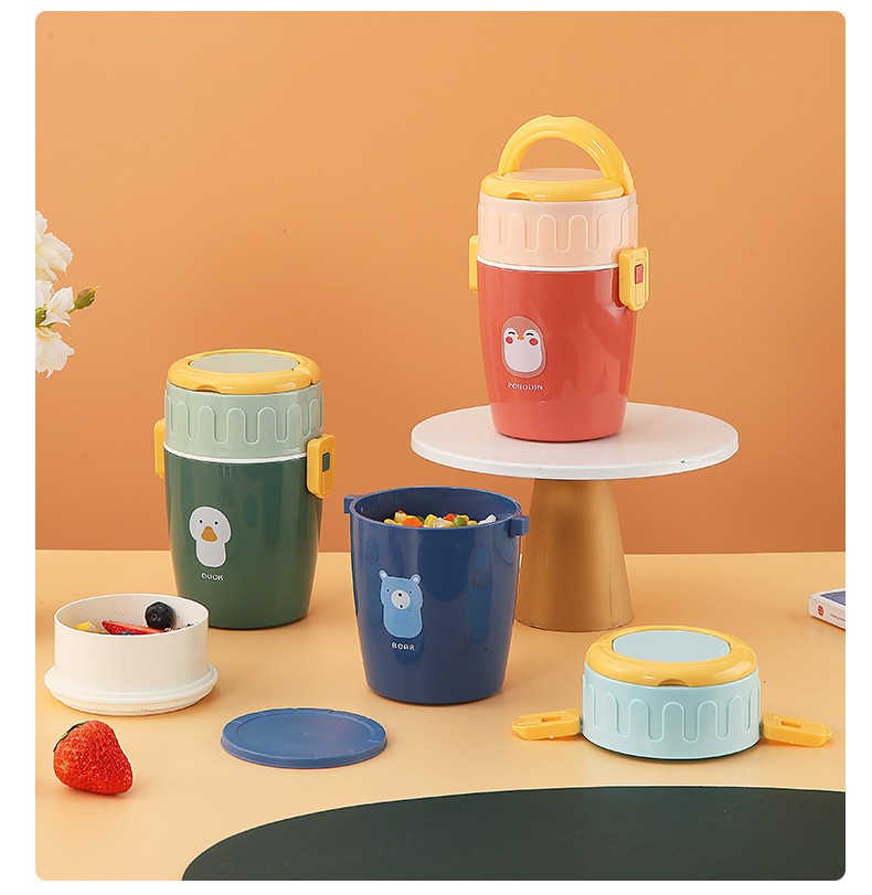 日式双层密封手提餐盒分格饭盒密封塑料黄小鸭便当盒可微波炉加热详情7