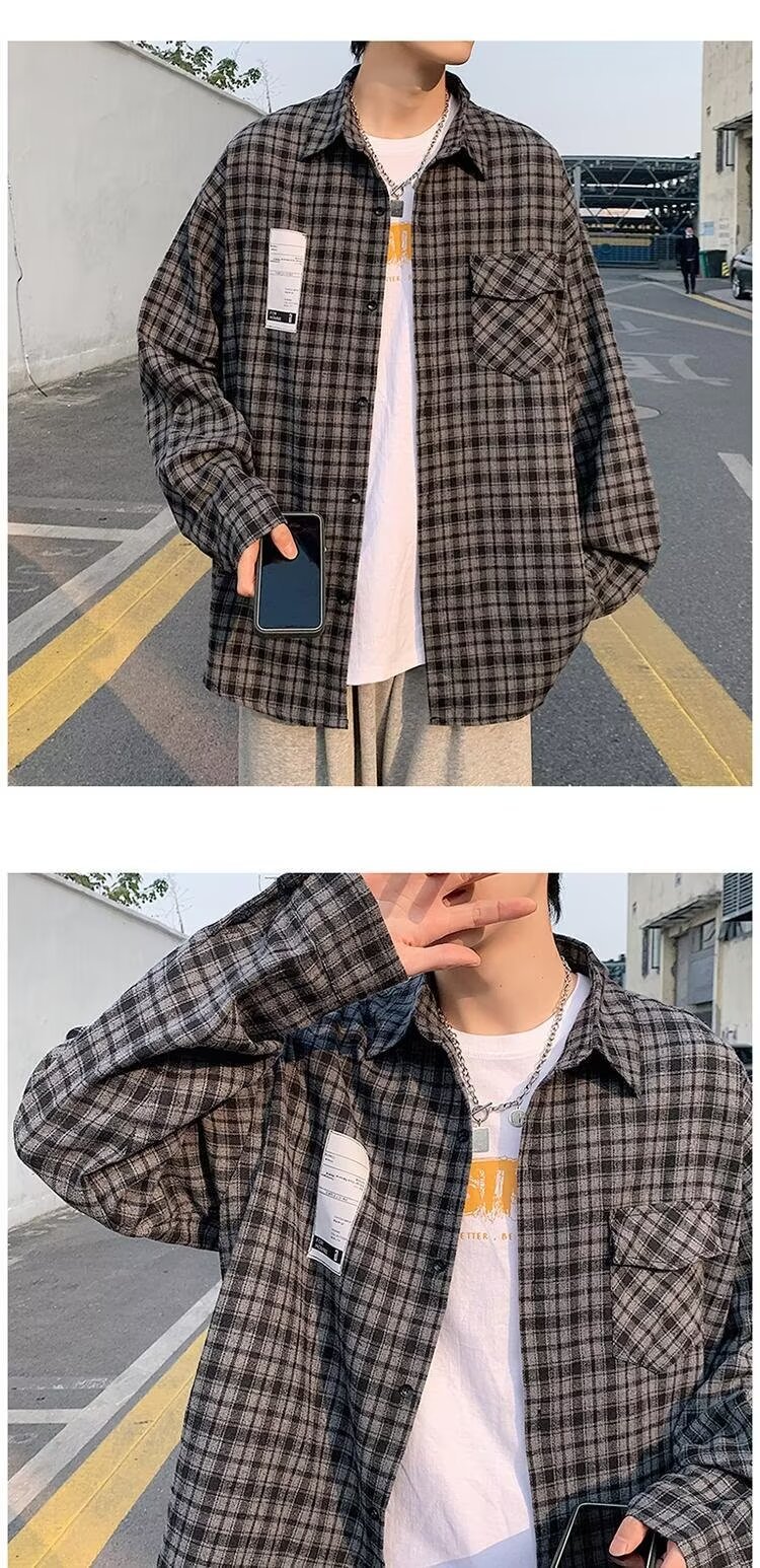 美式春秋季日系长袖格子衬衫男士韩版潮流ins网红休闲款衬衣外套详情36