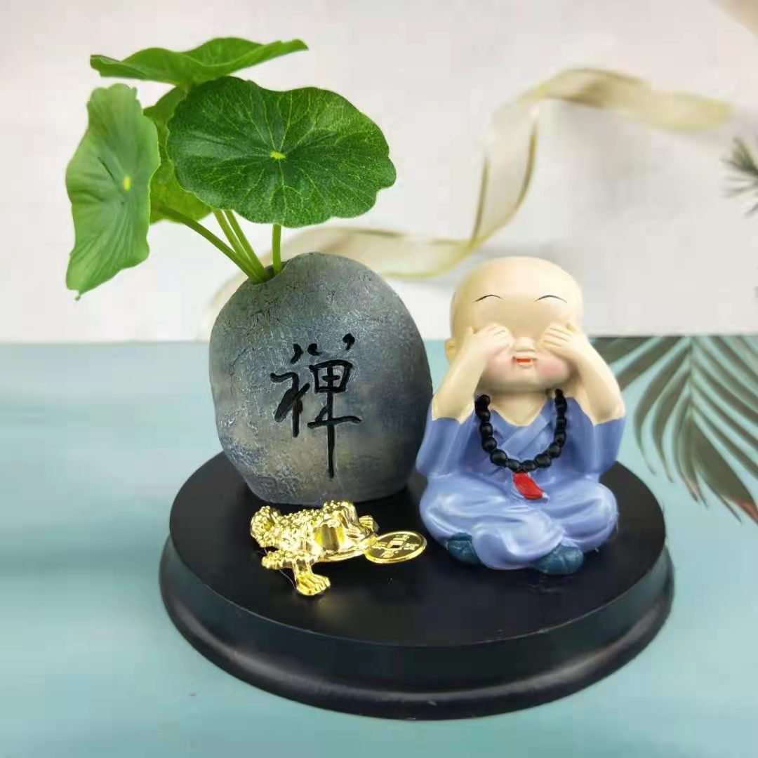 汽车小摆件禅意古风荷叶仿真绿植铜钱草佛珠小和尚车载中控台装饰详情12