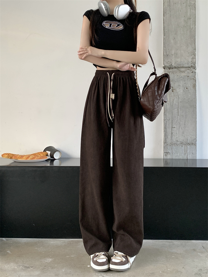 Corduroy ultra-fine corduroy wide-leg pants for women, new autumn style double drawstring smiling face belt casual pants, high-waisted straight-leg pants pic 16