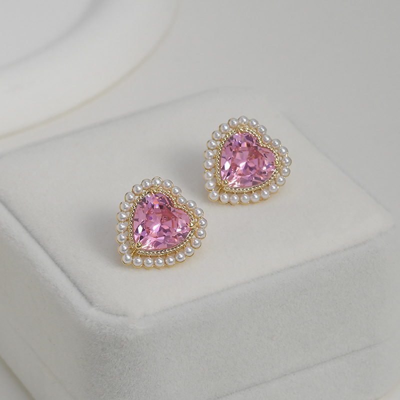 秋冬新款微镶锆石气质耳钉女S925银针高级感粉色爱心耳饰珍珠耳坠详情6