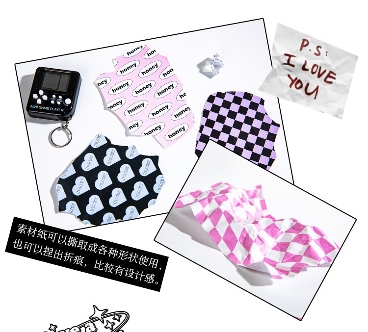 语闲无粘性素材纸 甜心电波甜酷系列可撕美式风手帐diy造景打底纸详情16