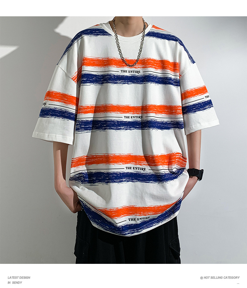 全棉条纹短袖T恤男2024港风青少年百搭宽松五分袖纯棉体恤衣服潮详情13