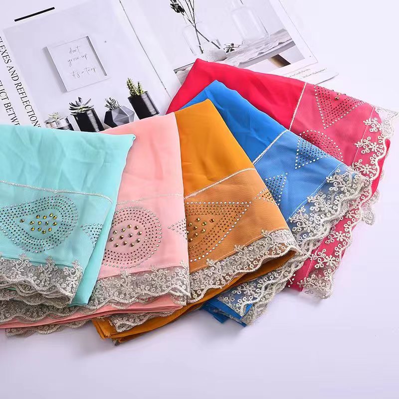 跨境中东阿拉伯新品头巾珍珠雪纺拼接蕾丝花边精品围巾爱心滴水钻详情12