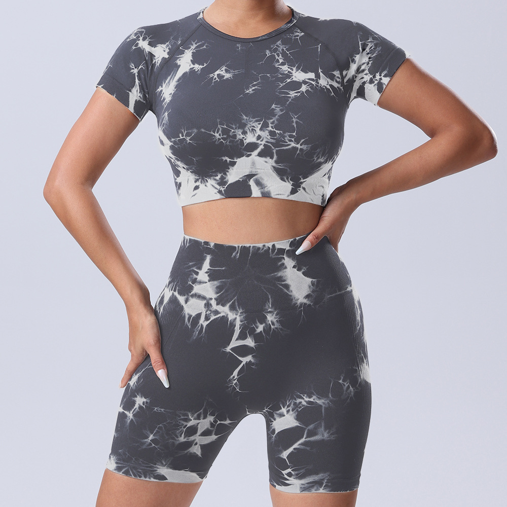欧美跨境新品扎染瑜伽服套装提臀速干运动健身扎染短袖短裤两件套详情10