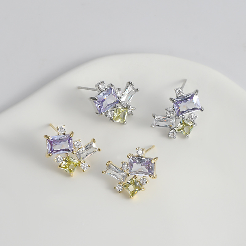 S925银针韩版时尚镶锆石耳钉女小众设计感方糖耳饰甜美风学生耳坠详情2