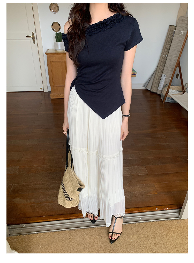 爱西里2025夏季减龄甜美拼木耳花边斜肩下摆不规则短袖T恤女13835详情17