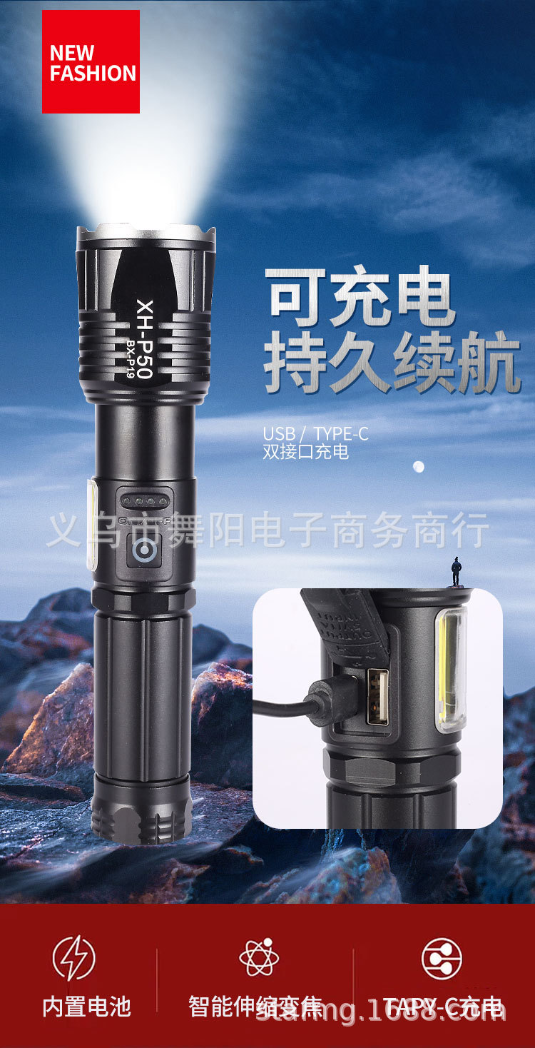 Новый белый лазер с ультраярким зумом, тактический фонарь USB, заряжающий наружный осветительный фонарь COB pic 10