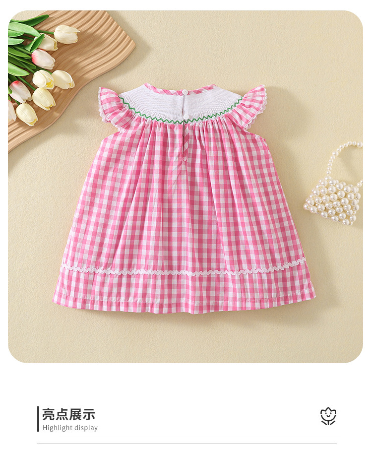 夏款女童打揽连衣裙粉色格子裙可爱兔子刺绣童裙棉布飞袖公主裙详情4