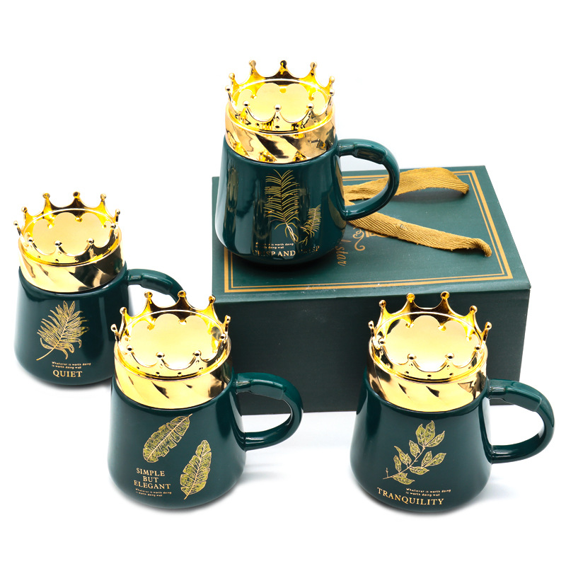 Hot-selling creative golden mirror crown ceramic mug with lid spoon large capacity water cup set, fashionable and exquisite hand-held gift box cup, personal business gift, home and office personalized cup, supports visiting logo factory direct supply pic 2