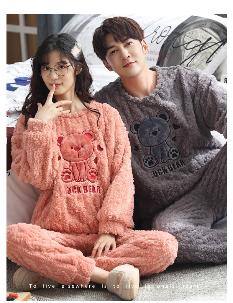 2套价 冬季女秋冬珊瑚绒加绒加厚法兰绒男家居服详情2