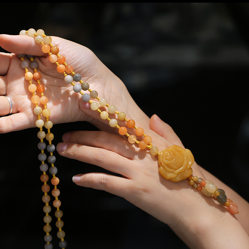 Retro ethnic style gold thread jade round bead necklace, sweater chain, long tricolor jade pendant, factory direct sales pic 5