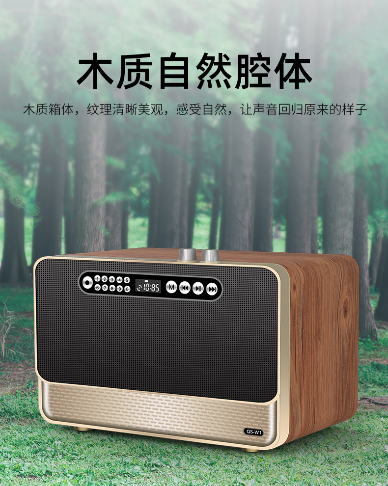 W1 Home high-power Bluetooth speaker, wooden high-volume heavy subwoofer, USB flash drive speaker, HiFi retro radio pic 6