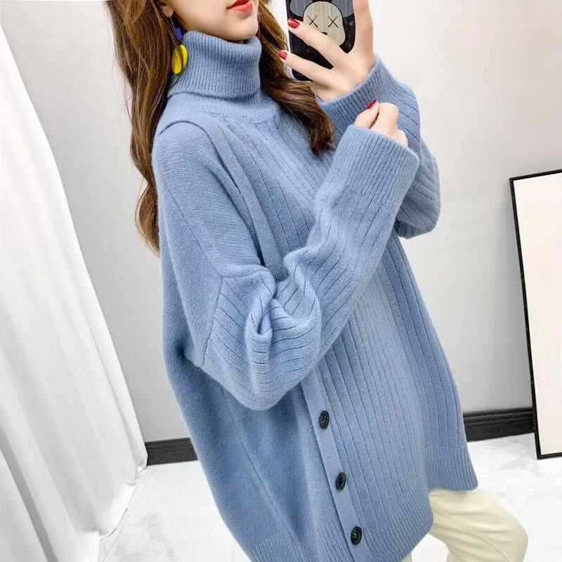 A new Korean style high-neck sweater for women in the autumn and winter of 2023, a loose and laid-back mid-length irregular knitted top pic 16