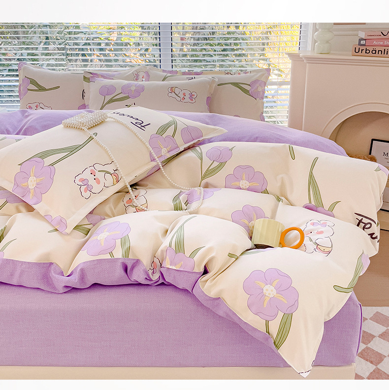 New pure cotton brushed four-piece set, fresh and thick bed sheet and duvet cover, student washed cotton three-piece set bedding pic 10