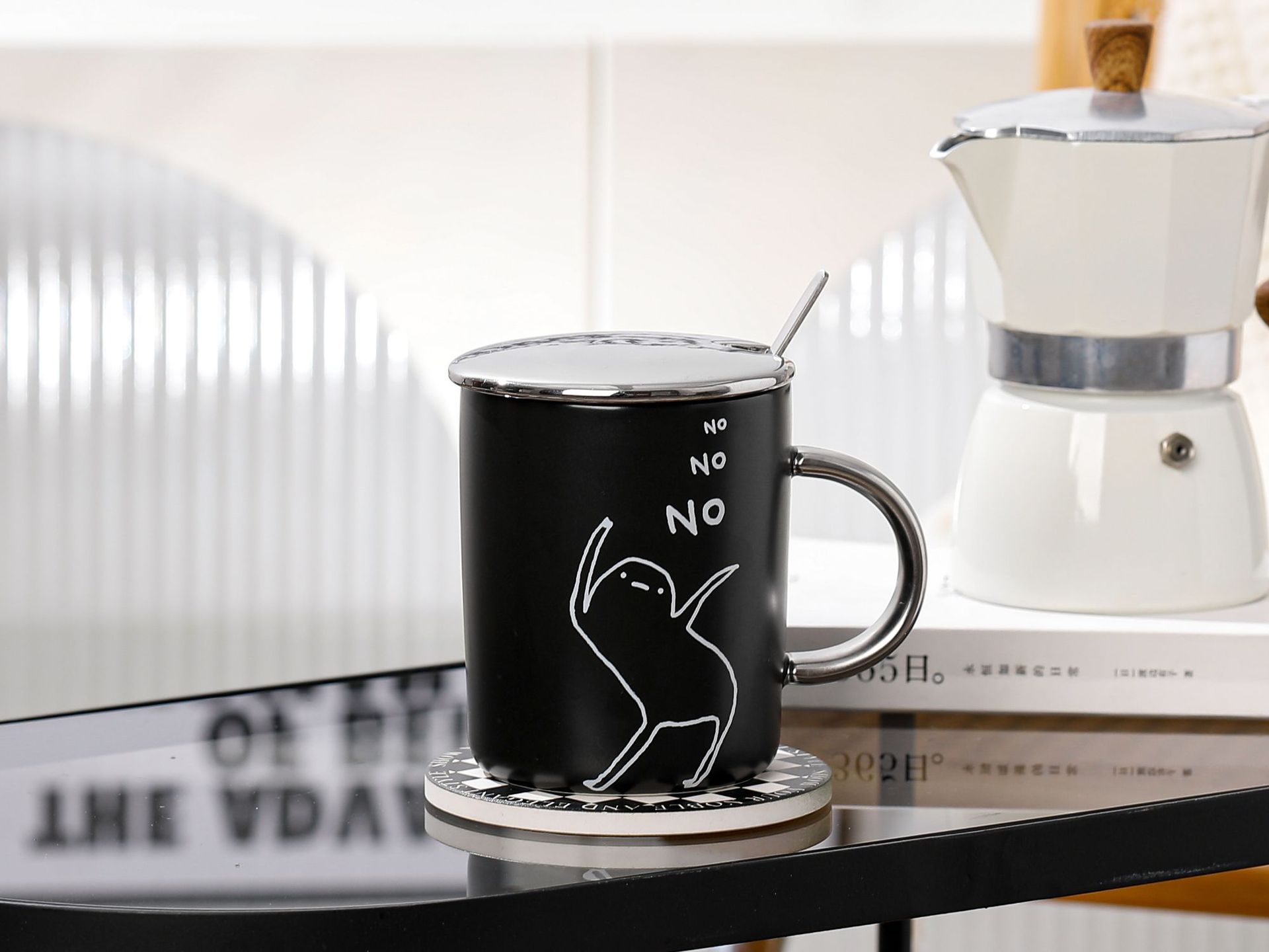 Black and white minimalist style stick figure high appearance level ceramic cup with lid spoon comic character student dormitory breakfast milk cup pic 6